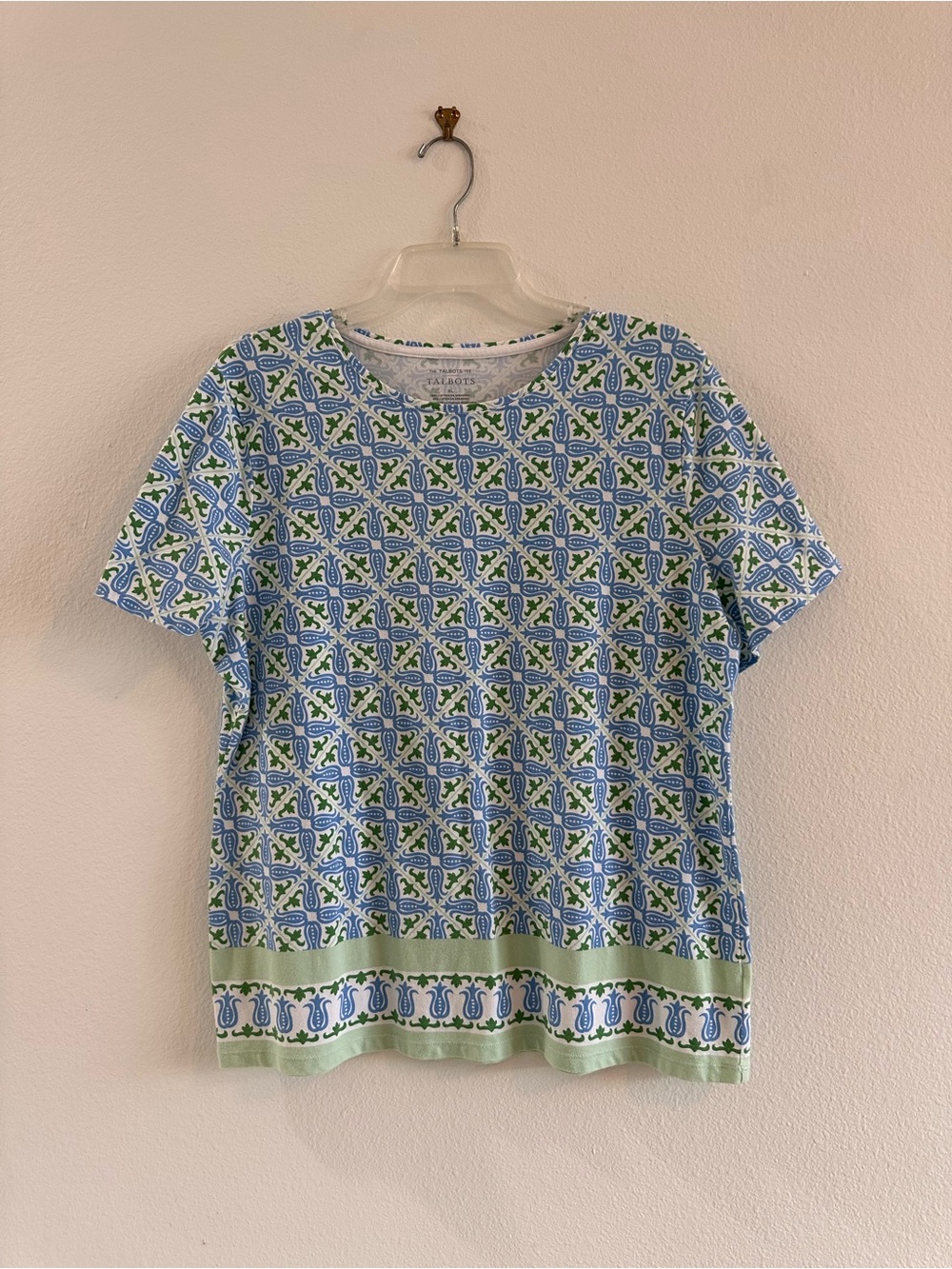 Talbots Blue and Green Printed Crewneck Summer Tee, XL - Picture 2 of 7
